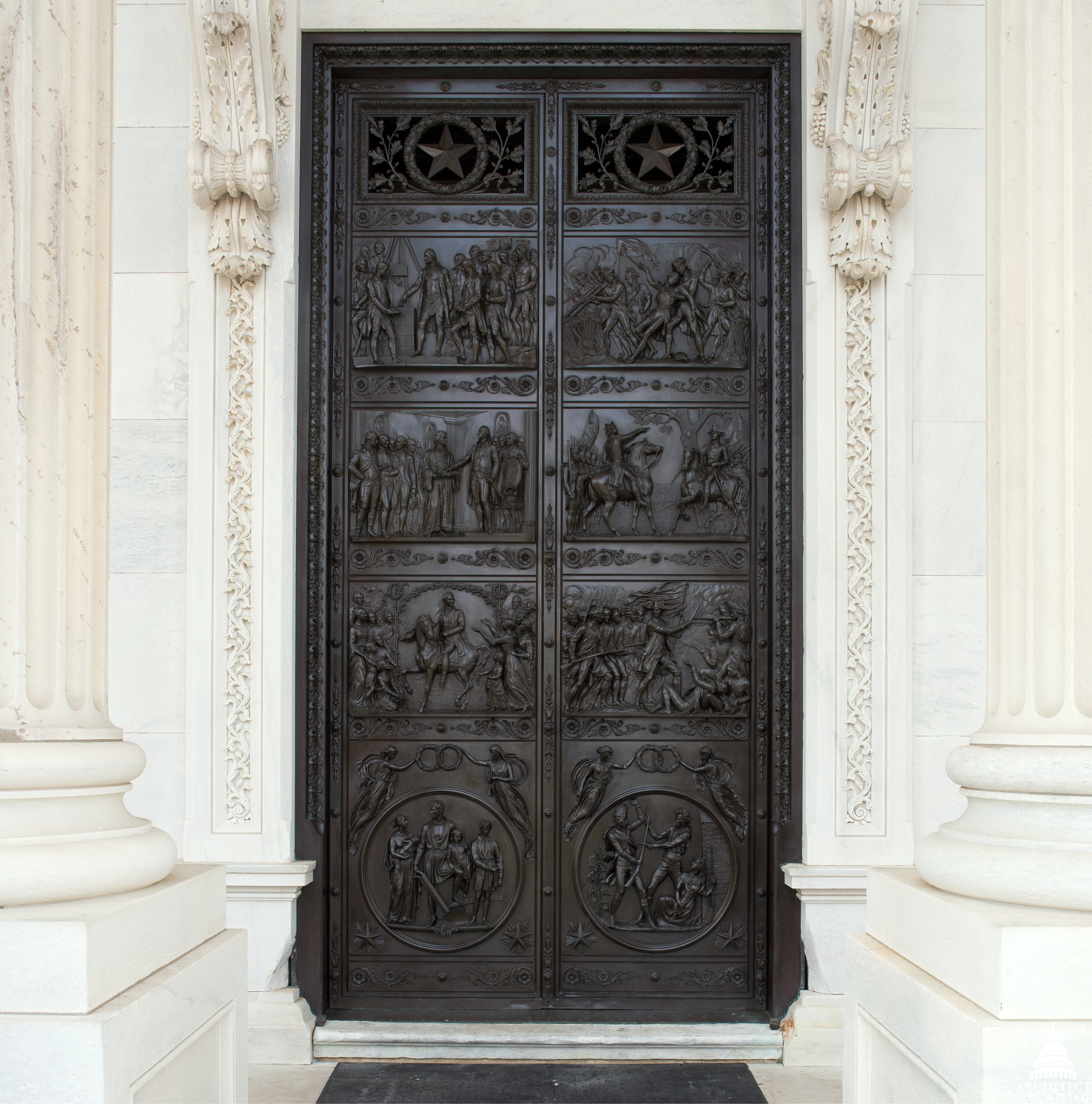 Senate Bronze Doors designed by Thomas Crawford located on the East Portico entrance of the U.S. Capitol Building.