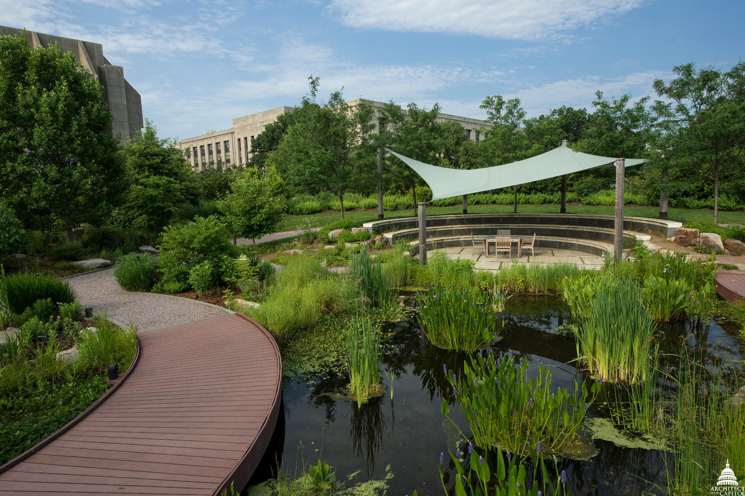 A bridge over the wetlands in the Regional Garden leads to the Amphitheater.
